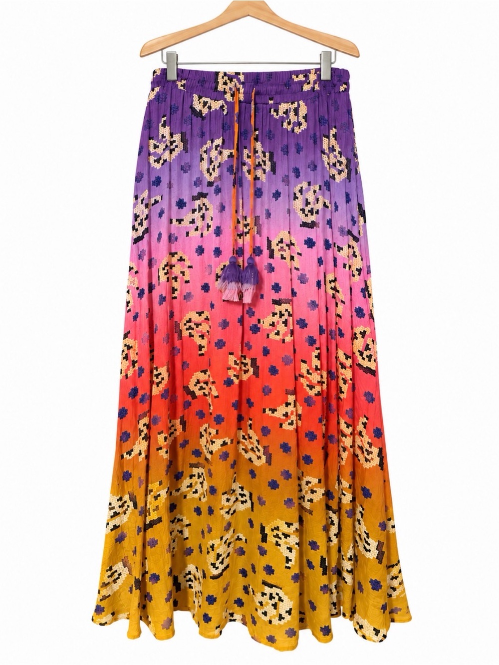 Anthropologie Purple Pink Orange Yellow Ombre Maxi Skirt with Tassel